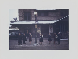 Commuters, who have just come off the train, waiting for the bus to go home, Lowell, Massachusetts,...