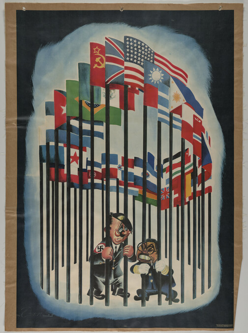 Untitled (Hitler and Tojo surrounded by circle of United Nations Flags)