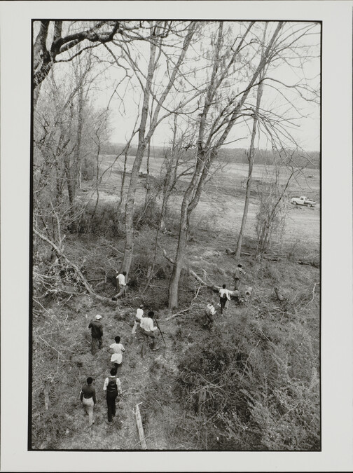 A search party scouting the undergrowth in a wooded area along the Chattahoochee River, Atlanta, Georgia