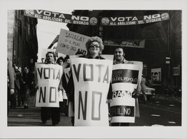 Woman holding “vote no” sign (against abrogation of divorce), Rome, Italy, May 12, 1974