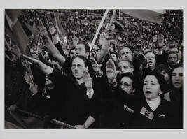 Crowd saluting and waving flags at Pinar rally, Madrid, Spain