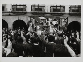 The Basque nationalist flag and thousands of supporters reunited in front of a reproduction of Picasso's...