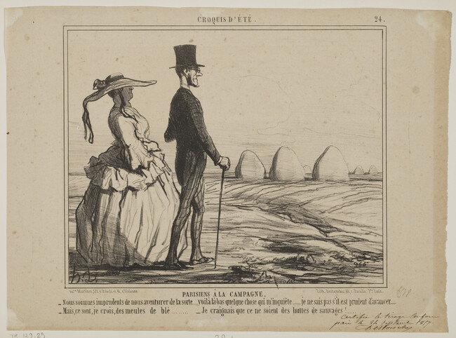 PARISIENS À LA CAMPAGNE. - Nous sommes imprudents de nous aventurer de la sorte..... voilà là-bas quelque chose qui m'inquiète..... je ne sais pas s'il est prudent d'avancer.... - Mais, ce sont, je crois, des meules de blé..... - Je craignais que ce ne soient des huttes de sauvages!.....
