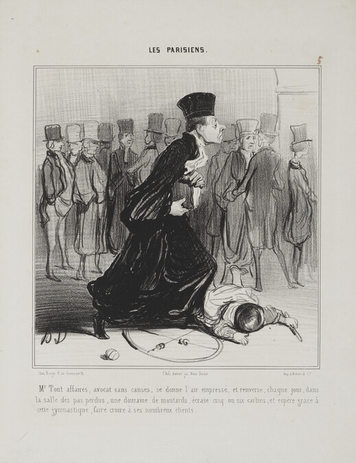 Mr. Tout affaires, avocat sans causes, se donne l’air empressé, et renverse, chaque jour, dans la salle des pas perdus, une douzaine de moutards, écrase cinq ou six carlins, et espère grace à cette gymnastique, faire croire à ses nombreux clients.