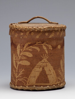 Etched Birch Bark Cylindrical Container with Lid, Depicting a Teepee and Tree