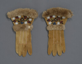 Moosehide Gloves with Floral Beading, Bordered with Beaver Fur