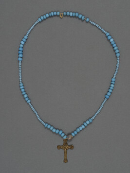 Blue Bead Necklace with a Brass Crucifix