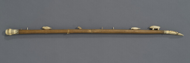 Model Harpoon with Carved Ivory Seals, Walrus and Bear along Shaft and Incised Lines Decorating the Butt and Foreshaft