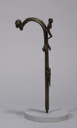 Staff Topped with Human Head and Decorated with Female Figure, 3 Snake Heads, and a Lizard