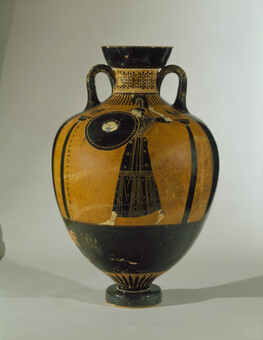 Black-figure Panathenaic Prize Amphora depicting Athena between Columns (side a); Wrestlers and Judge...