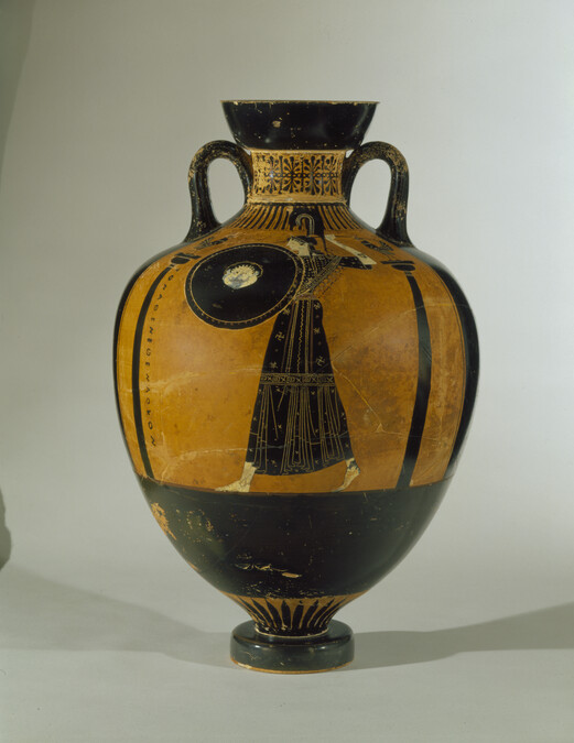Black-figure Panathenaic Prize Amphora depicting Athena between Columns (side a); Wrestlers and Judge with Staff (side b)