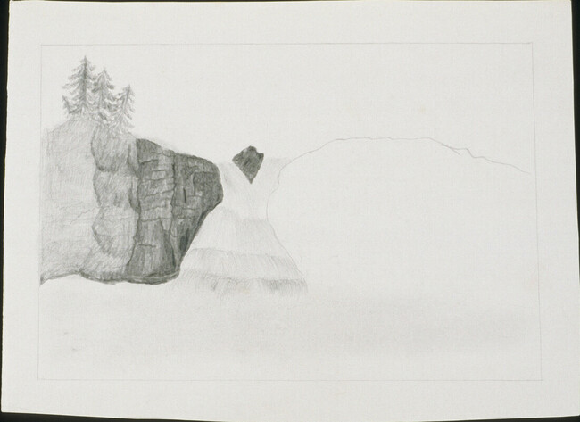 Untitled (Waterfall with Three Pine Trees on Top of Rocks)