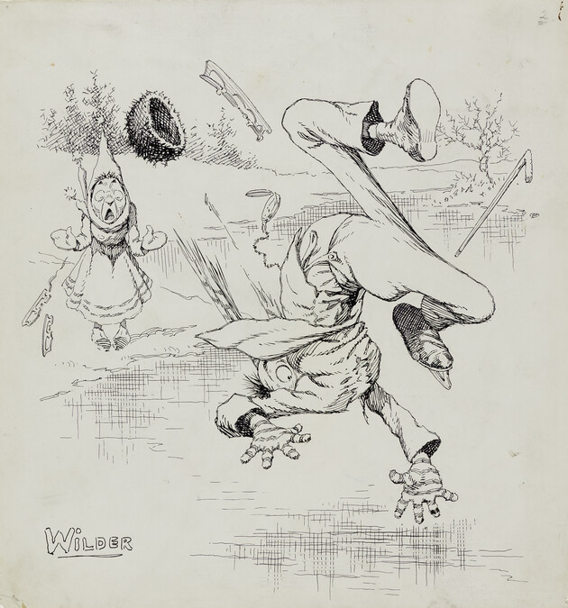 Untitled (cartoon of man falling on ice; girl looking on)