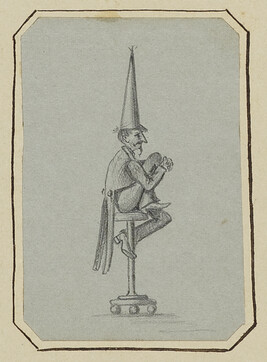Untitled.  Man with dunce cap on a high stool