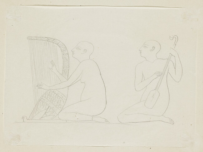 Two kneeling Musicians, Egyptian relief, Grottoes, Thebes (tracing of an engraving)