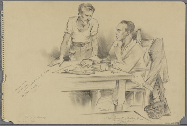 Sketch made at Forward Command Post 32 Infantry 7th Division, Bay-Bay-Leyte, Peter M. Gomery, Lt. Col. John M. (Mickey) Finn McCoy (Leyte Island, Philippines)
