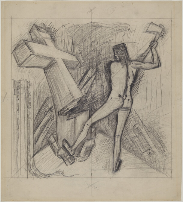 Study of Figure Chopping the Cross for the Modern Migration of Spirit (Panel 18) for The Epic of American Civilization