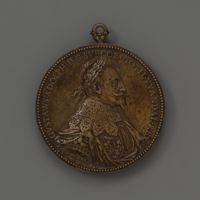 King Gustavus Adolphus of Sweden (obverse); Justice with the Vanquished and Penitent (reverse)