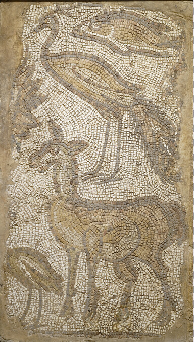 Fragment of a Mosaic Floor Panel depicting a Fish, Peacock, Lamb, Bird and a Shrub