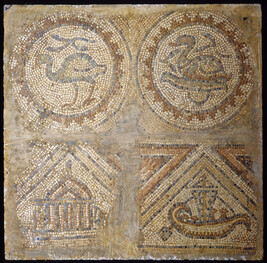 Fragment of a Mosaic Floor Panel depicting four scenes: Two Birds, a Building Facade and a Boat