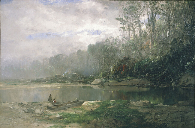 Log Cabin, Pond and Fisherman (Landscape)