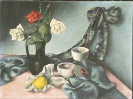 Still Life with Red and White Roses, Two Bowls and a Lemon