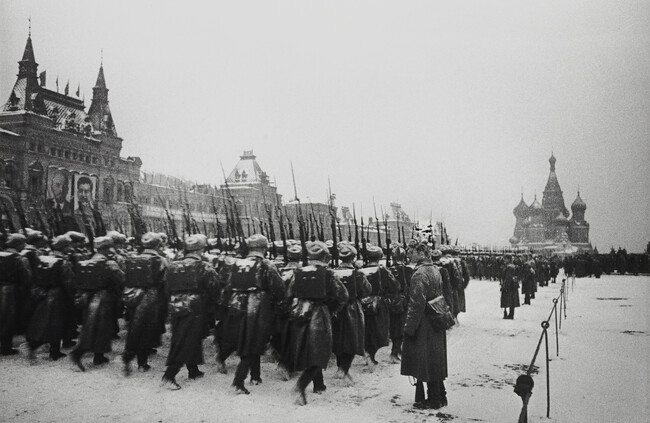 On their Way to the Front: Red Square Formation. (left panel of panorama)