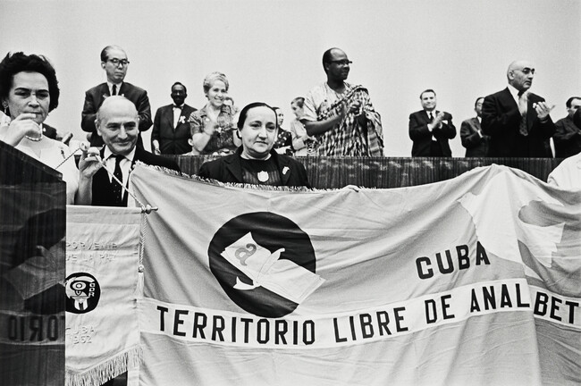 Cuban anti-iliteracy demonstratio, International Congress for Peace and Disarmament, Moscow, Russia (left panel of panorama)