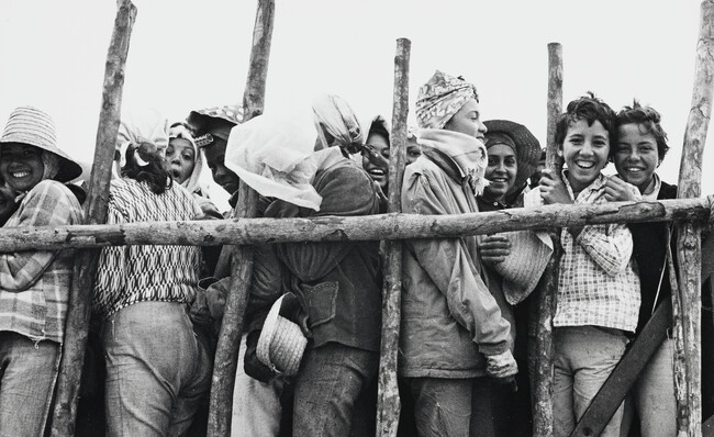 Youths seen through wooden fence, Cuba