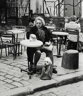 Woman with poodle in her purse, Paris