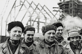 Group picture of construction workers (left panel of panorama)