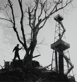 Oilfield worker with tree and derrick, Sakhalin Island