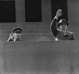 Leadership atop Lenin Mausoleum (center panel of panorama)