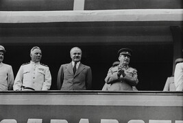 Voroshilov, Molotov and Stalin on the dais of the Dynamo Stadium, Moscow (left panel of panorama)