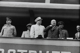 Stalin, Malenkov, Beria, Bulganin and Mikoyan on the dais of the Dynamo Stadium, Moscow (right panel of...