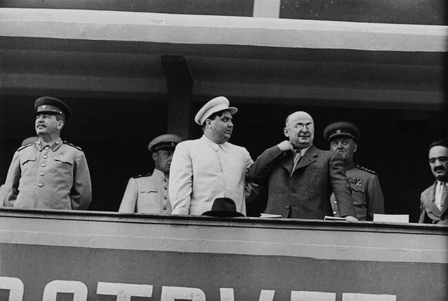 Stalin, Malenkov, Beria, Bulganin and Mikoyan on the dais of the Dynamo Stadium, Moscow (right panel of panorama)