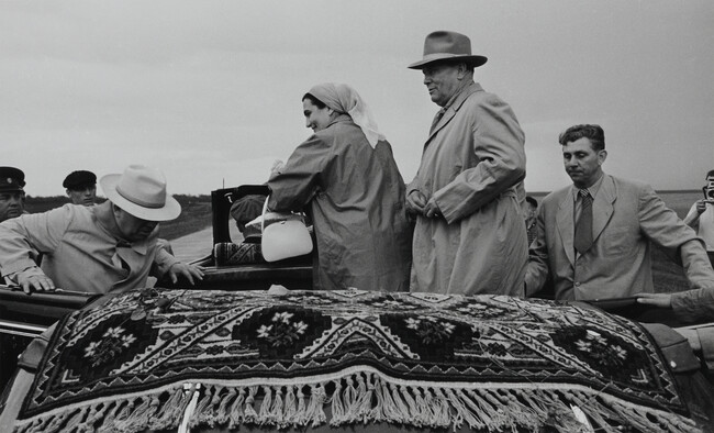 Khrushchev Enters Limousine as Tito Looks On