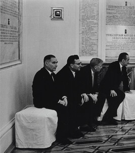 Khrushchev seated with the Communist Party Central Committee including Mikoyan, Brezhnev, Suslov,...