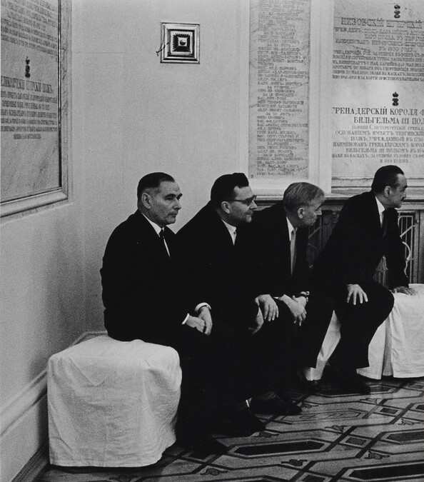 Khrushchev seated with the Communist Party Central Committee including Mikoyan, Brezhnev, Suslov, Gromyko and Furtseva (left panel of panorama)