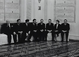 Khrushchev seated with the Communist Party Central Committee including Mikoyan, Brezhnev, Suslov,...