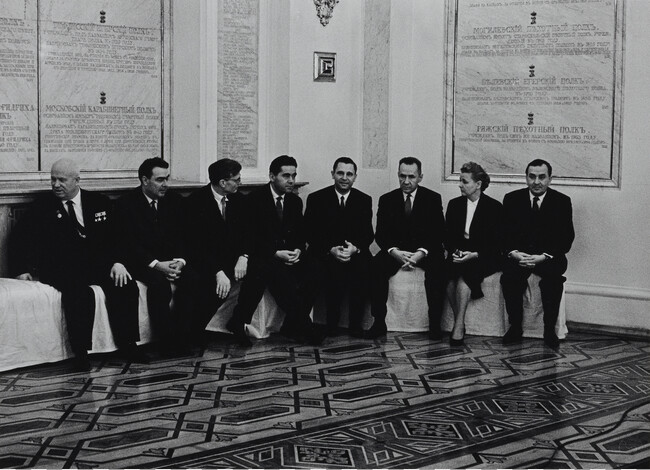 Khrushchev seated with the Communist Party Central Committee including Mikoyan, Brezhnev, Suslov, Gromyko and Furtseva (right panel of panorama)
