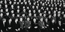 Khrushchev and the Soviet Leadership (including Brezhnev, Furtseva, Suslov and Mikoyan) among military...