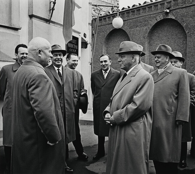 A Light Moment: Khrushchev, Brezhnev and Voroshilov Outside the Council of Ministers Building