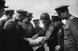 Soviet and Allied commanders meet near the Elbe River