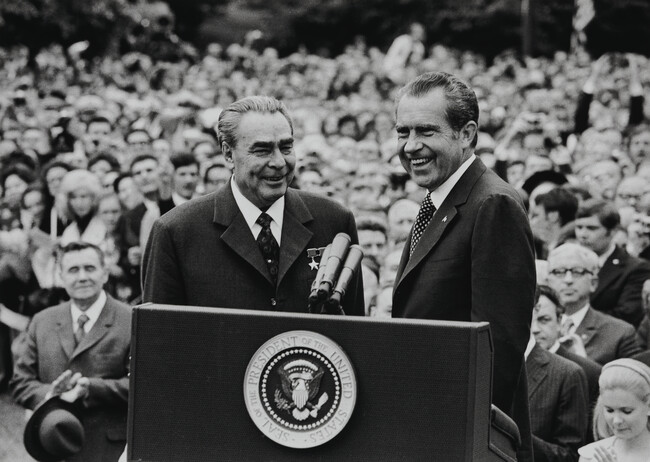 Brezhnev and Nixon Sharing the Podium (with Gromyko seated)
