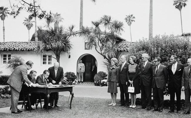 Signing Ceremony for Nixon and Brezhnev, San Clemente, California. Onlookers include Pat Nixon, John Connolly, Henry Kissinger and Alexander Haig