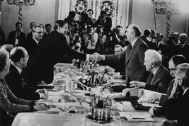 Reagan and Gorbachev Shake Hands at their Summit Meeting, Moscow (Shevrednadze [Shevardnadze] is seated)