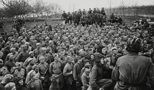 Soldiers gathered around commander's tank (left panel of panorama)