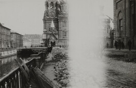 View of road construction adjacent to canal, Leningrad