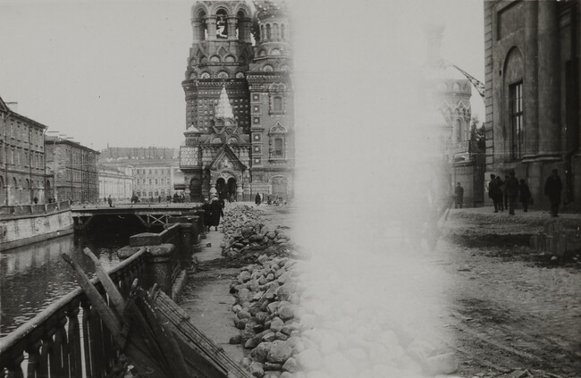 View of road construction adjacent to canal, Leningrad